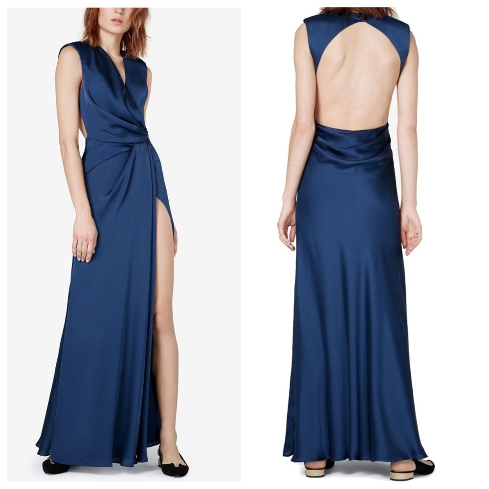 Fame and Partners Blue Open Back Wrap Gown 12 NWT